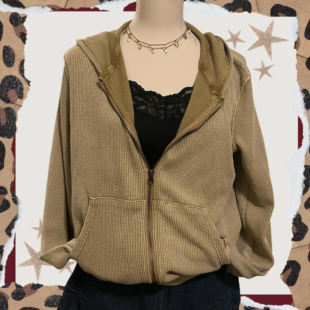 Waffle Knit Zip Up Hoodie Indie Coastal Boho Beachy Minimalist Layering